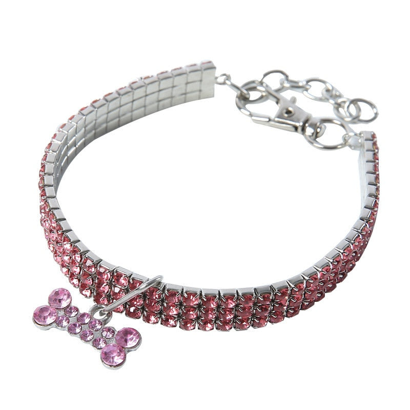 Bling Crystal Pet Collar – Fashion Necklace with Bone Pendant for Dogs & Cats