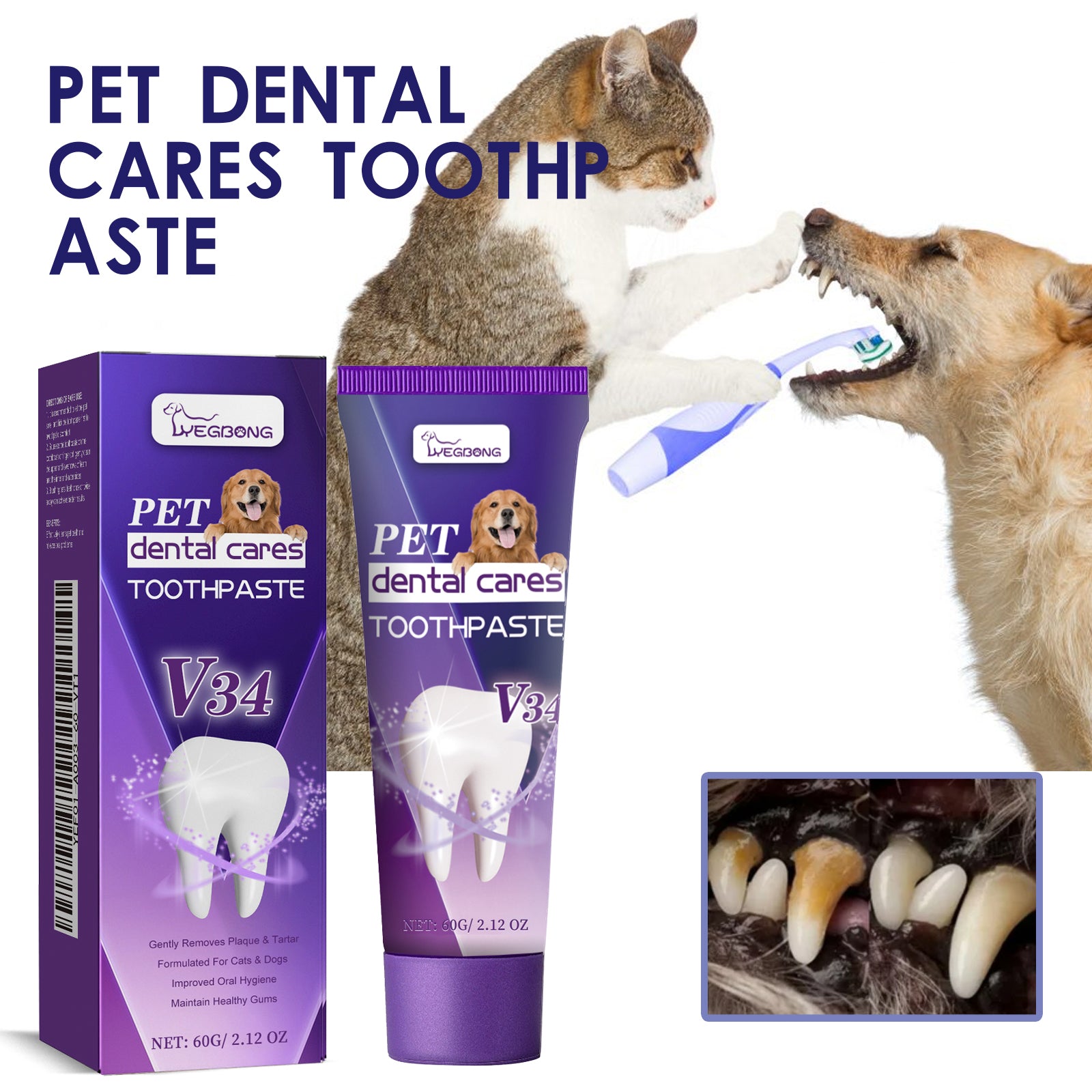 Pasta de Dentes Pet V34 para Cães e Gatos, Cuidados Dentários para Hálito, Gengivas e Tártaro