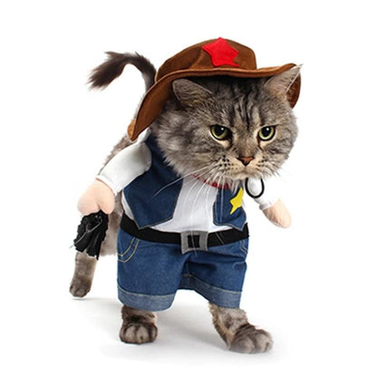 Déguisement amusant pour animaux de compagnie : costume de cowboy pour chat, idéal pour Halloween ou Noël. 