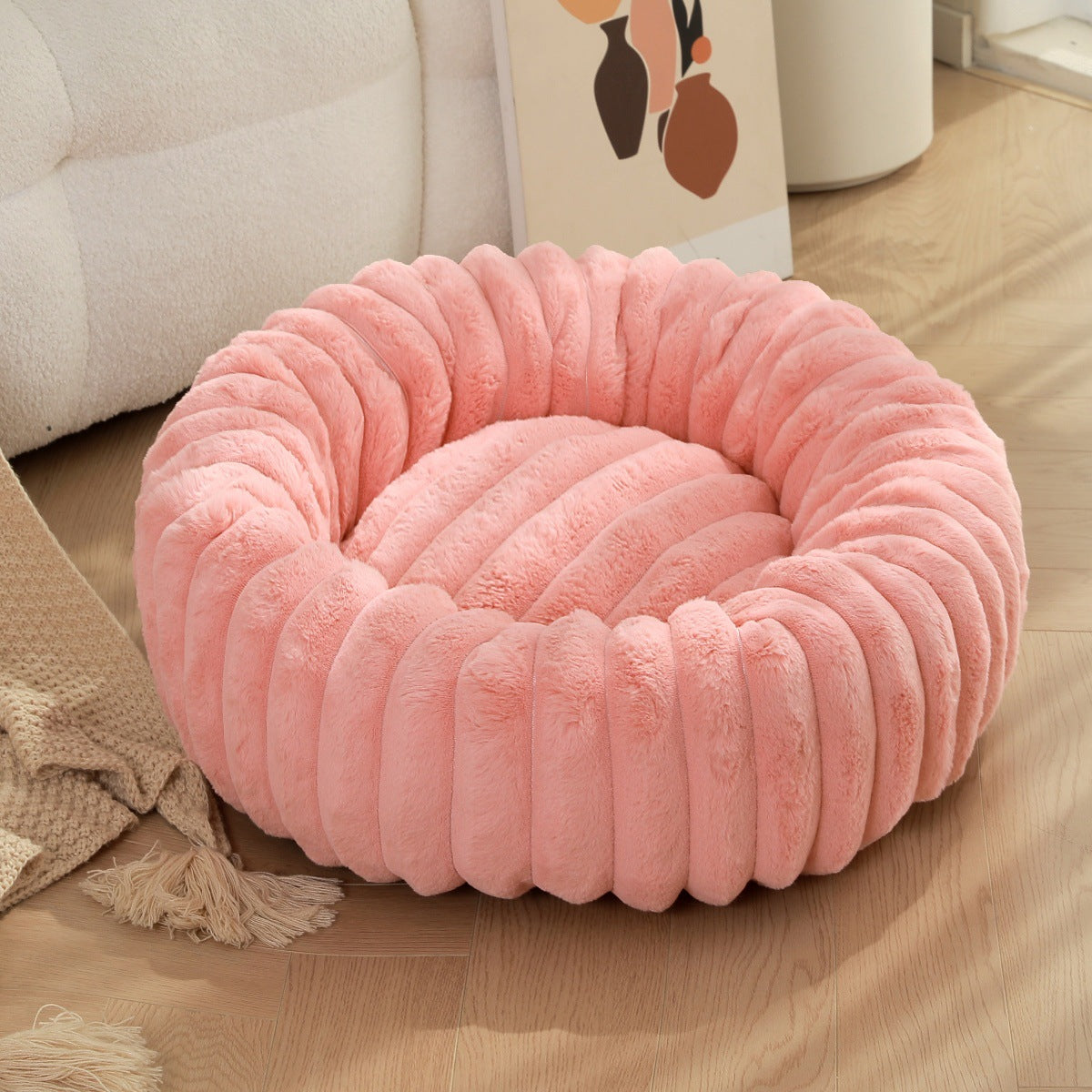 Cama Redonda de Pelúcia para Animais de Estimação com Pelo Comprido, Tapete Quente para Cães e Gatos