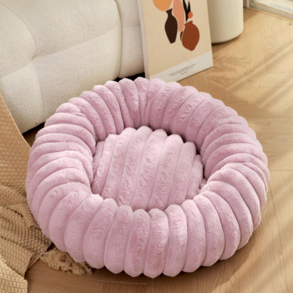 Cama Redonda de Pelúcia para Animais de Estimação com Pelo Comprido, Tapete Quente para Cães e Gatos