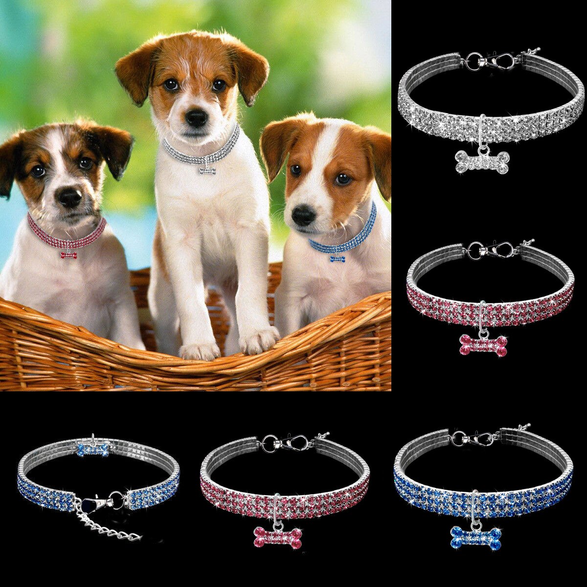 Coleira Bling para Animais de Estimação com Pendente de Osso, Coleira de Joias de Cristal para Gatos e Cães Pequenos