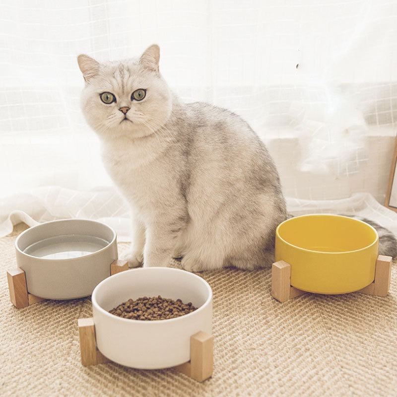 Non-Slip Ceramic chat gamelle avec Wooden Stand, Anti-Tip Food et Water Dish