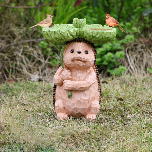 Garden Resin Decoration Hedgehog Holding Leaves And Bird Feeding Ornaments Creative Hedgehog Resin Statue Bird Feeder