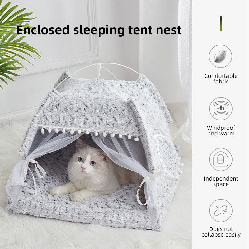 Cama-Tenda Semicerrada para Gatos e Cães Pequenos, Casa de Estimação para Todas as Estações