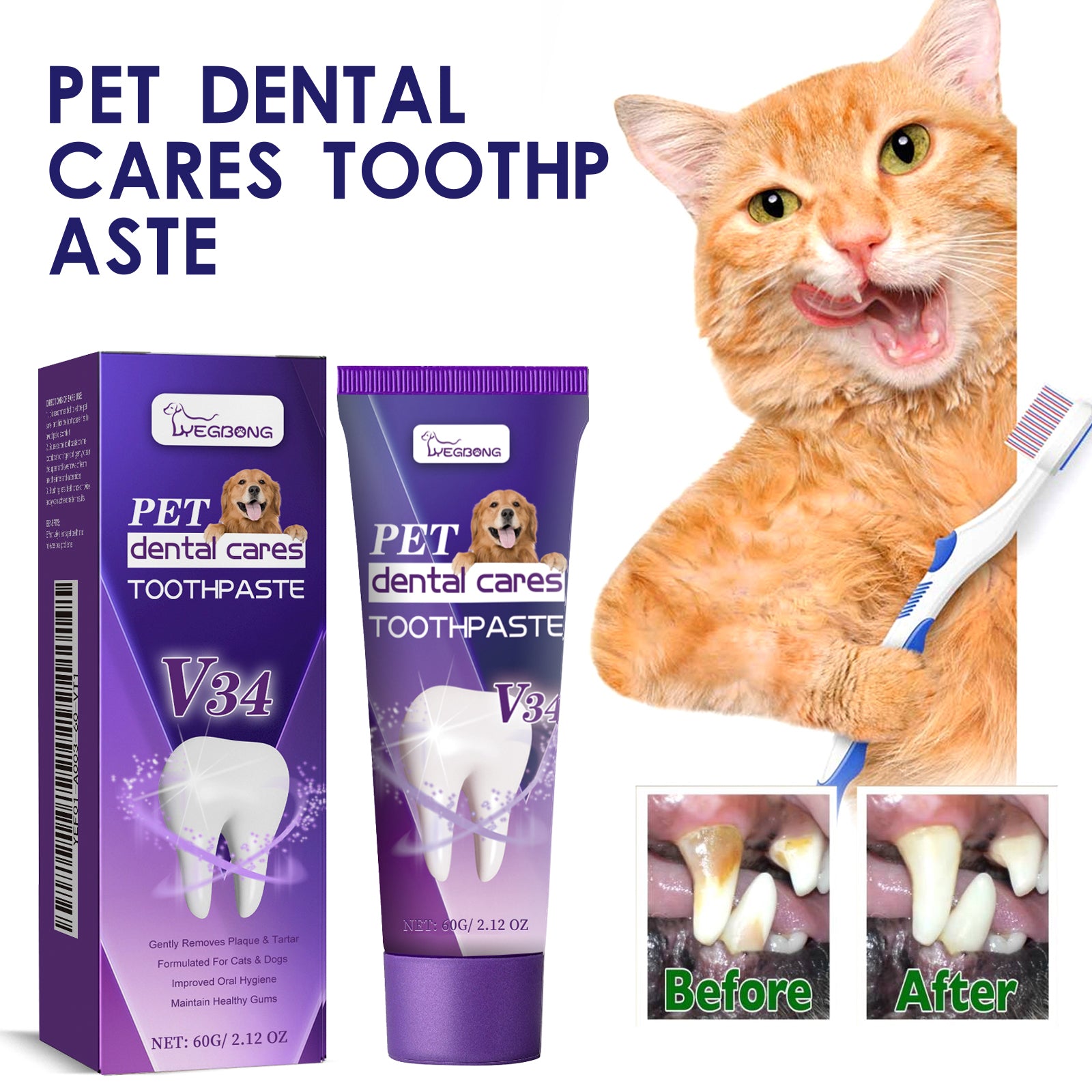 Pasta de Dentes Pet V34 para Cães e Gatos, Cuidados Dentários para Hálito, Gengivas e Tártaro