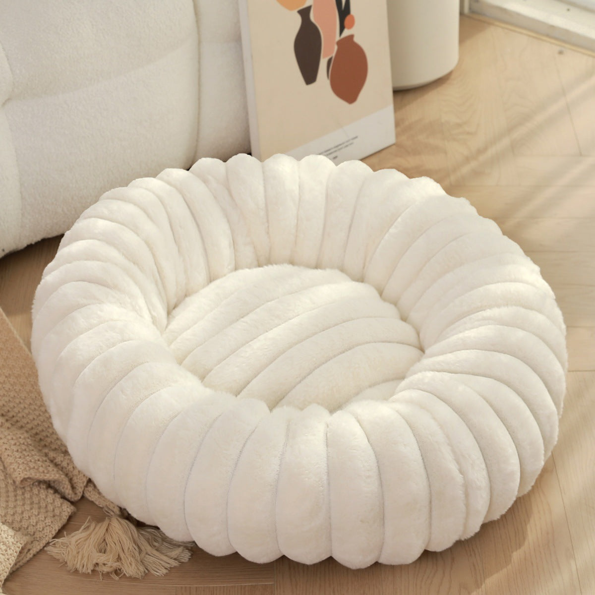Cama Redonda de Pelúcia para Animais de Estimação com Pelo Comprido, Tapete Quente para Cães e Gatos