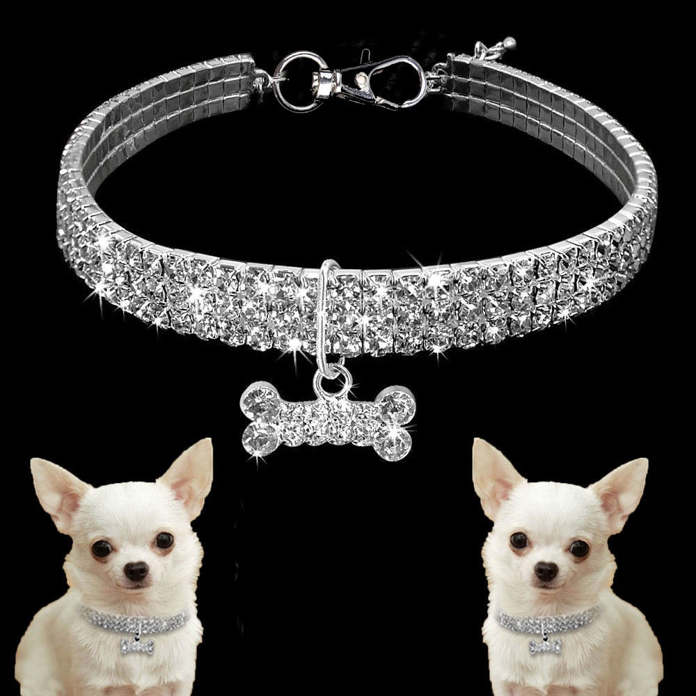Bling Crystal Pet Collar – Fashion Necklace with Bone Pendant for Dogs & Cats
