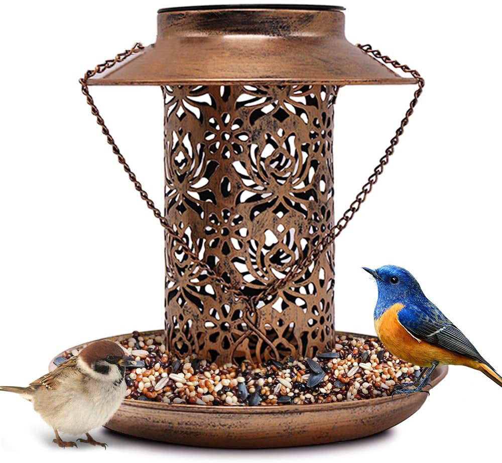 Outdoor solar powered lamp metal hanging bird feeder feeding and watering dual-purpose bird feeder decorative lamp