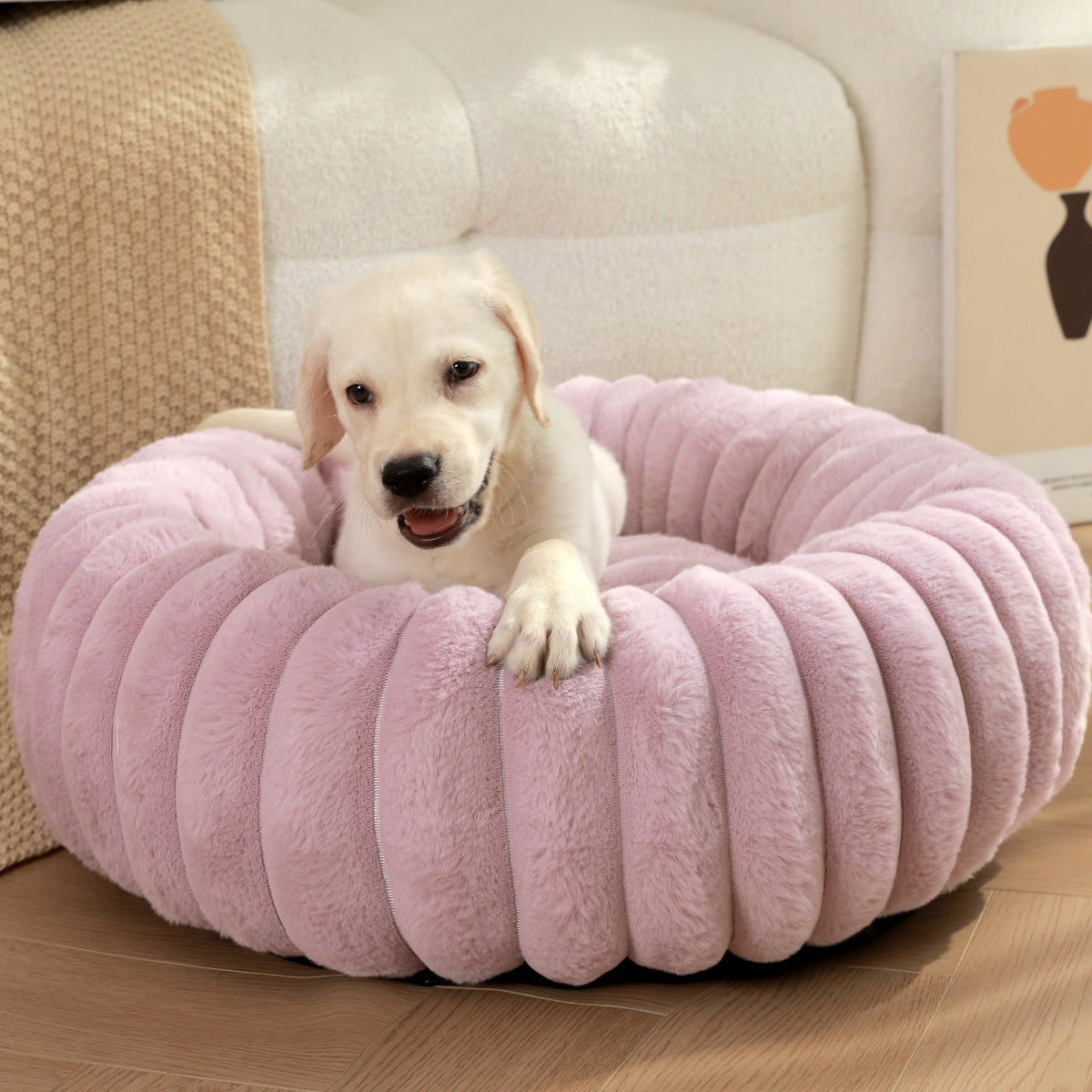 Cama Redonda de Pelúcia para Animais de Estimação com Pelo Comprido, Tapete Quente para Cães e Gatos
