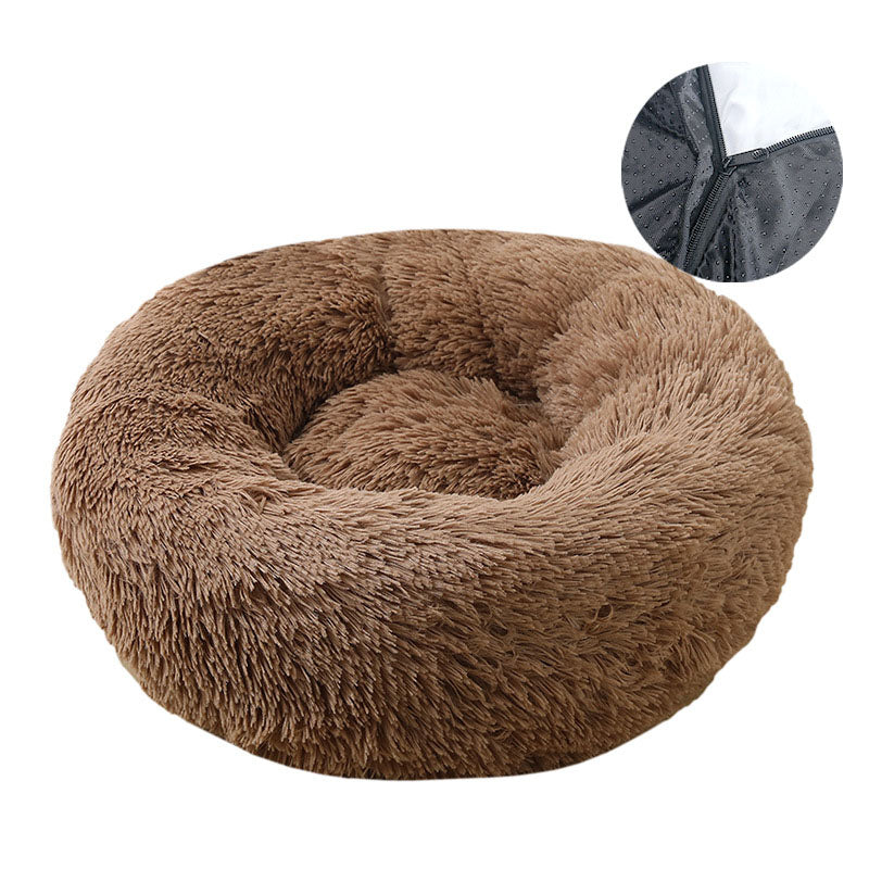Cama Redonda de Pelúcia Removível e Lavável para Cães e Gatos