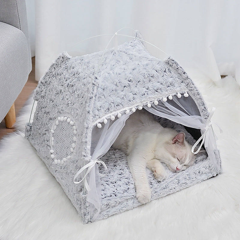 Cama-Tenda Semicerrada para Gatos e Cães Pequenos, Casa de Estimação para Todas as Estações