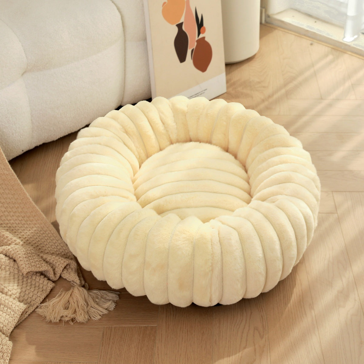 Cama Redonda de Pelúcia para Animais de Estimação com Pelo Comprido, Tapete Quente para Cães e Gatos