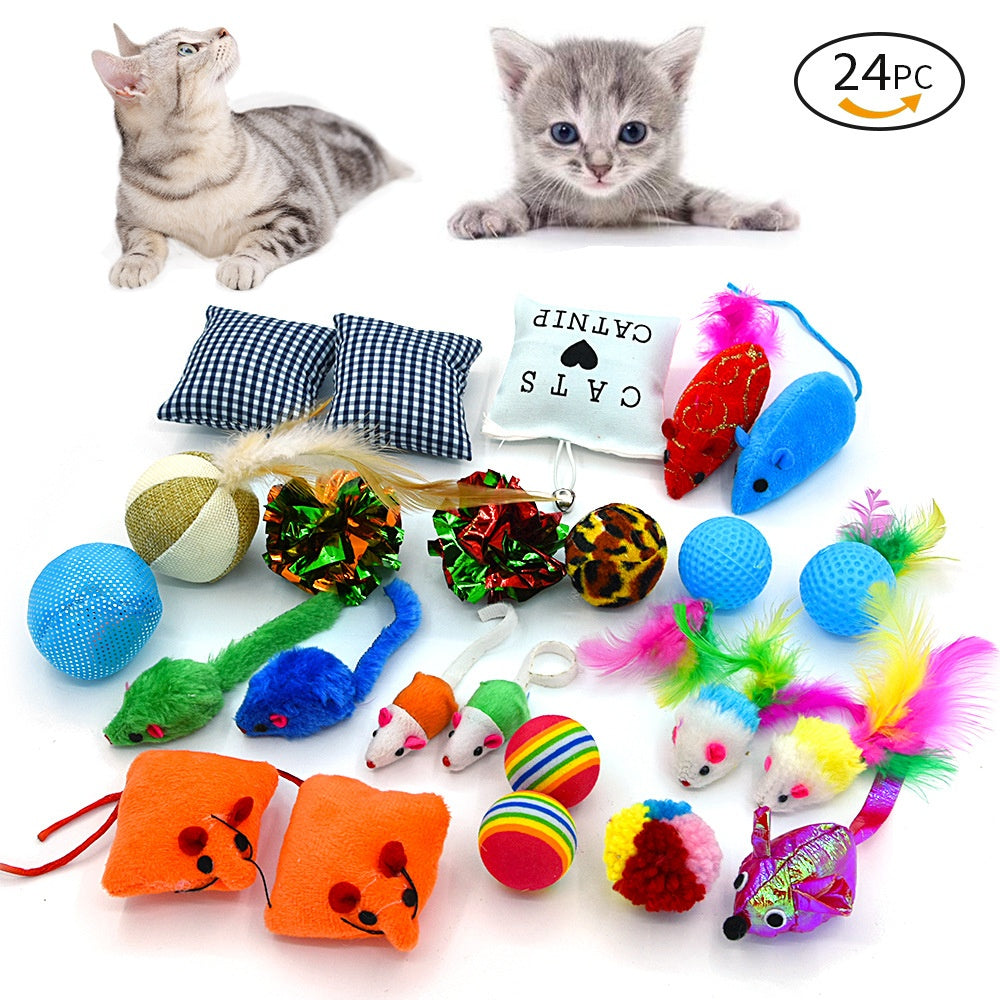 24-Piece chat jouet Set avec Catnip jouets, Rainbow Balls et Plush Mice