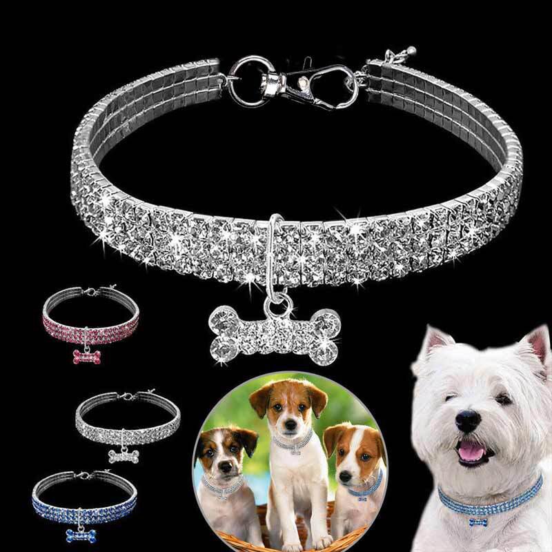 Coleira Bling para Animais de Estimação com Pendente de Osso, Coleira de Joias de Cristal para Gatos e Cães Pequenos