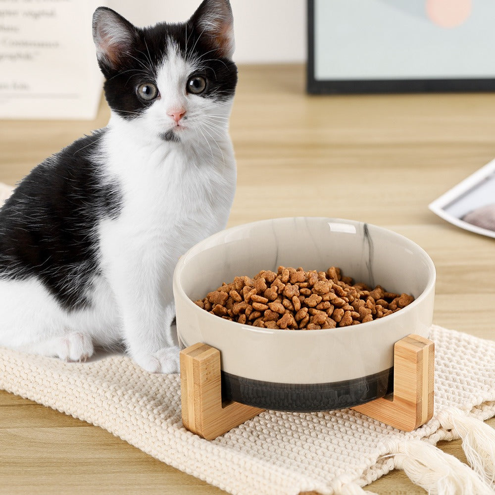 Tigela Cerâmica Antiderrapante para Gatos com Suporte de Madeira, Prato de Ração e Água Anti-Derrapante