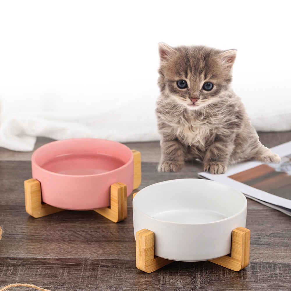 Tigela Cerâmica Antiderrapante para Gatos com Suporte de Madeira, Prato de Ração e Água Anti-Derrapante