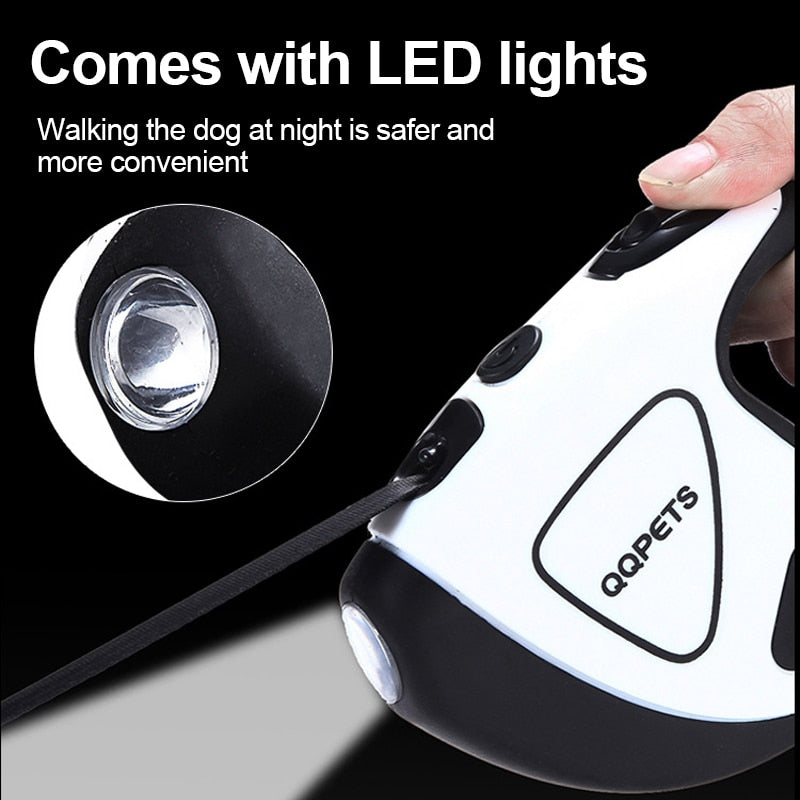 Laisse rétractable automatique pour chien avec LED intégrée – Corde en fibre avec éclairage de sécurité nocturne