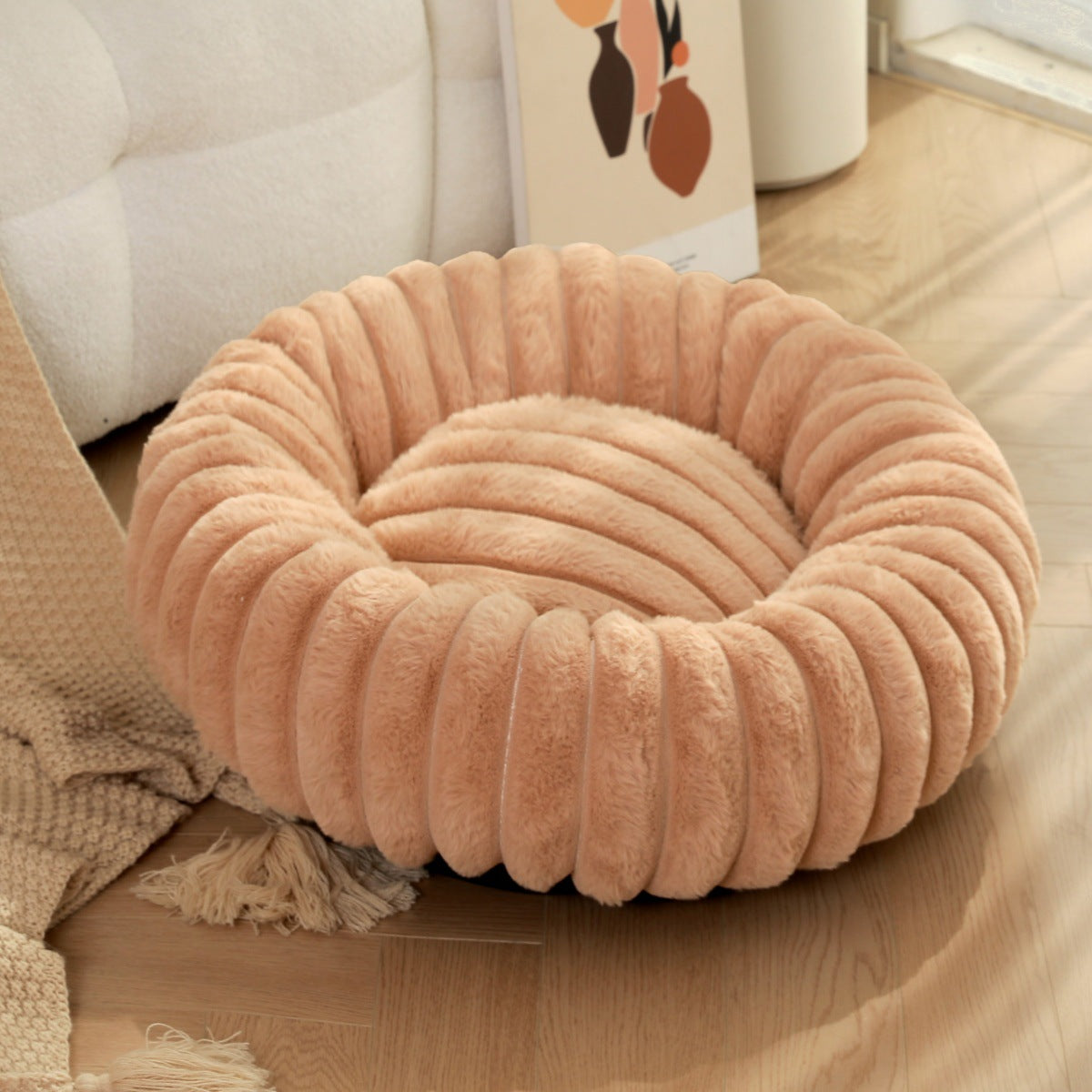 Cama Redonda de Pelúcia para Animais de Estimação com Pelo Comprido, Tapete Quente para Cães e Gatos