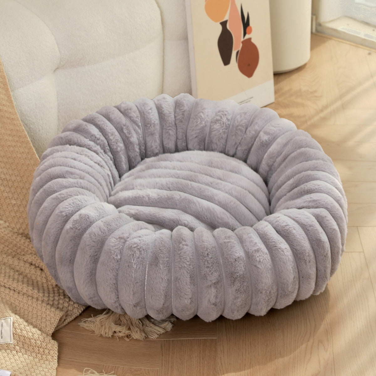 Cama Redonda de Pelúcia para Animais de Estimação com Pelo Comprido, Tapete Quente para Cães e Gatos