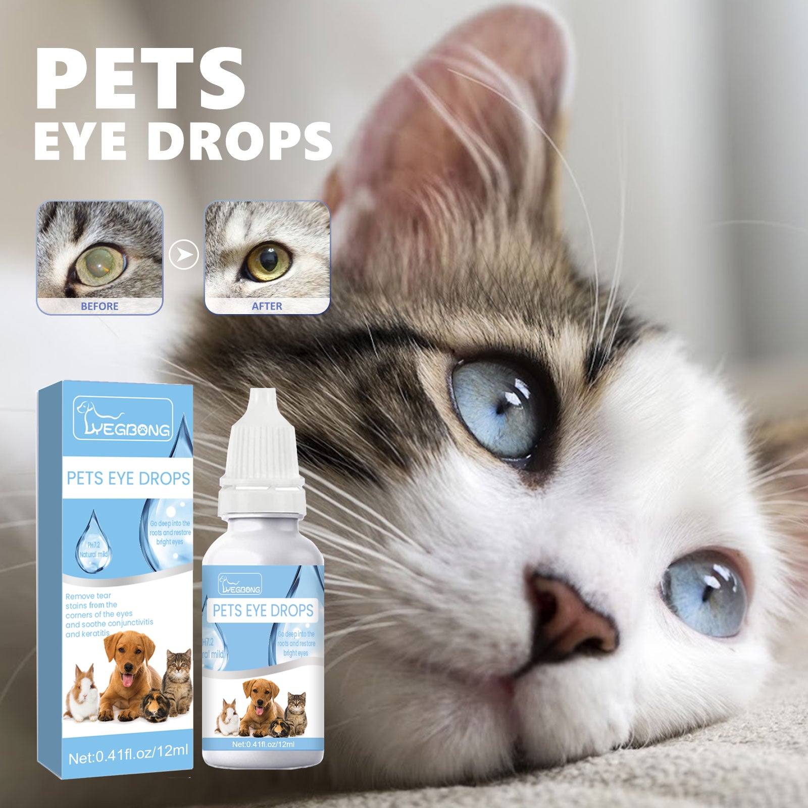 Gotas para Limpeza dos Olhos de Cães e Gatos, Colírio Suave para Cuidados com Manchas de Lágrimas