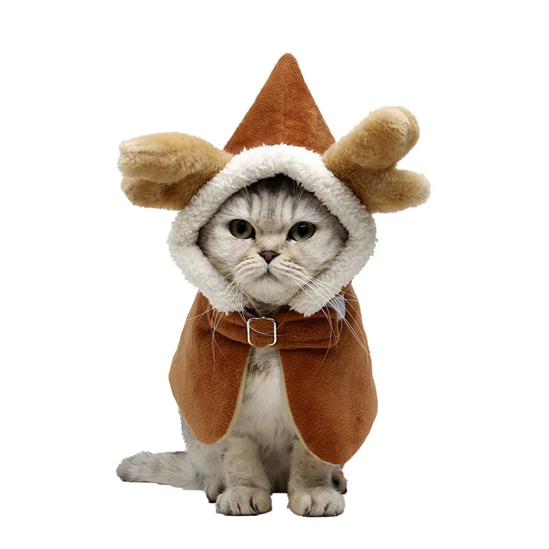 Fantasia de Natal de Rena para Animais de Estimação com Galhadas e Capa para Cães e Gatos